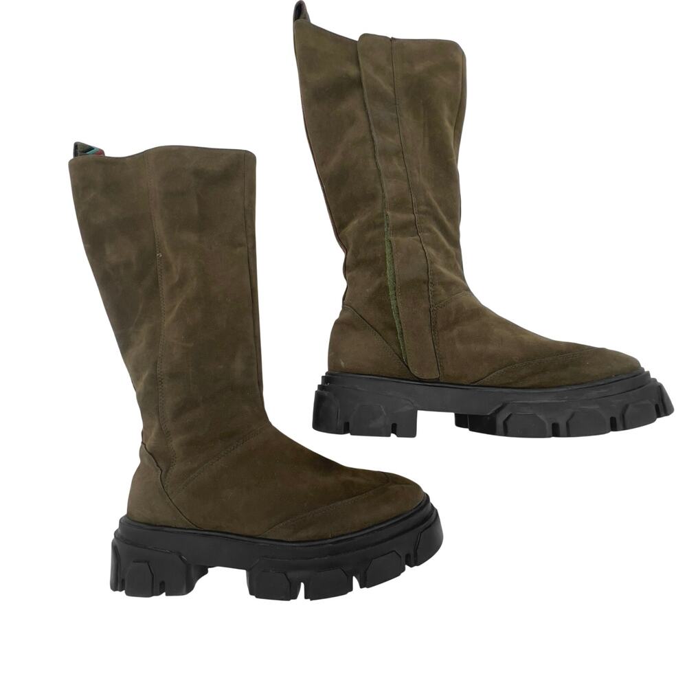FARM Rio Army Green Knee High Boots Embroidered Chevron Sz 9.5 Vegan Suede Lug